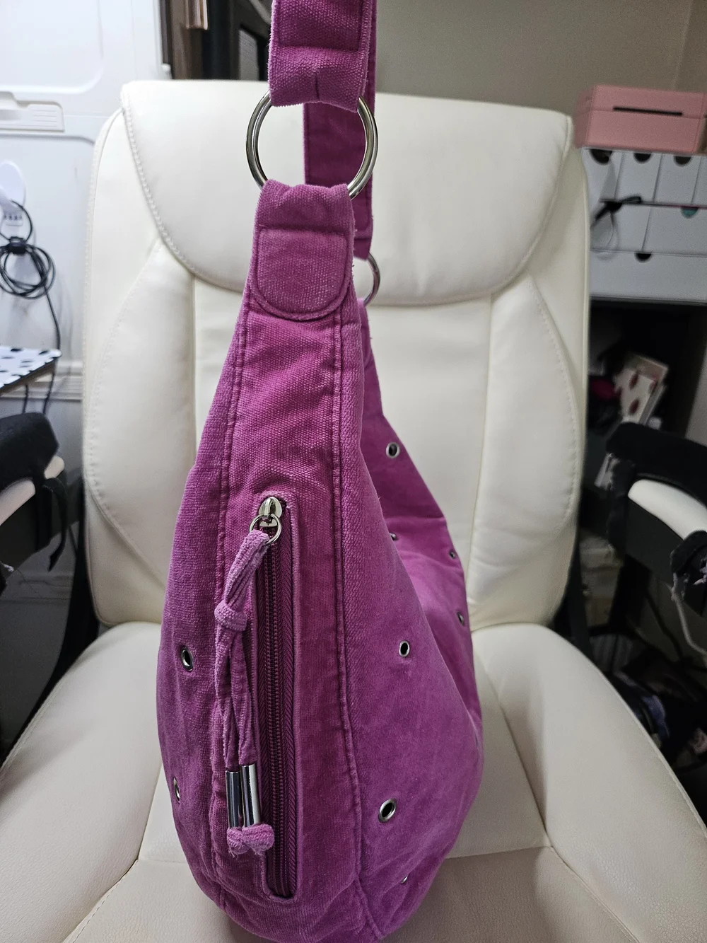 Suede-Effect Hobo Bag in Fuchsia with Eyelet Detail